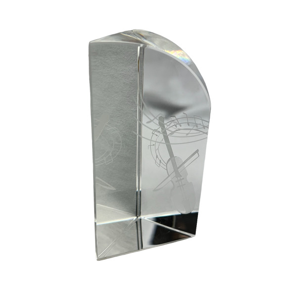 Violin & Musical Notes Etched Crystal Paper Weight 4" x 2.25" Orchestra Office - Picture 1 of 7